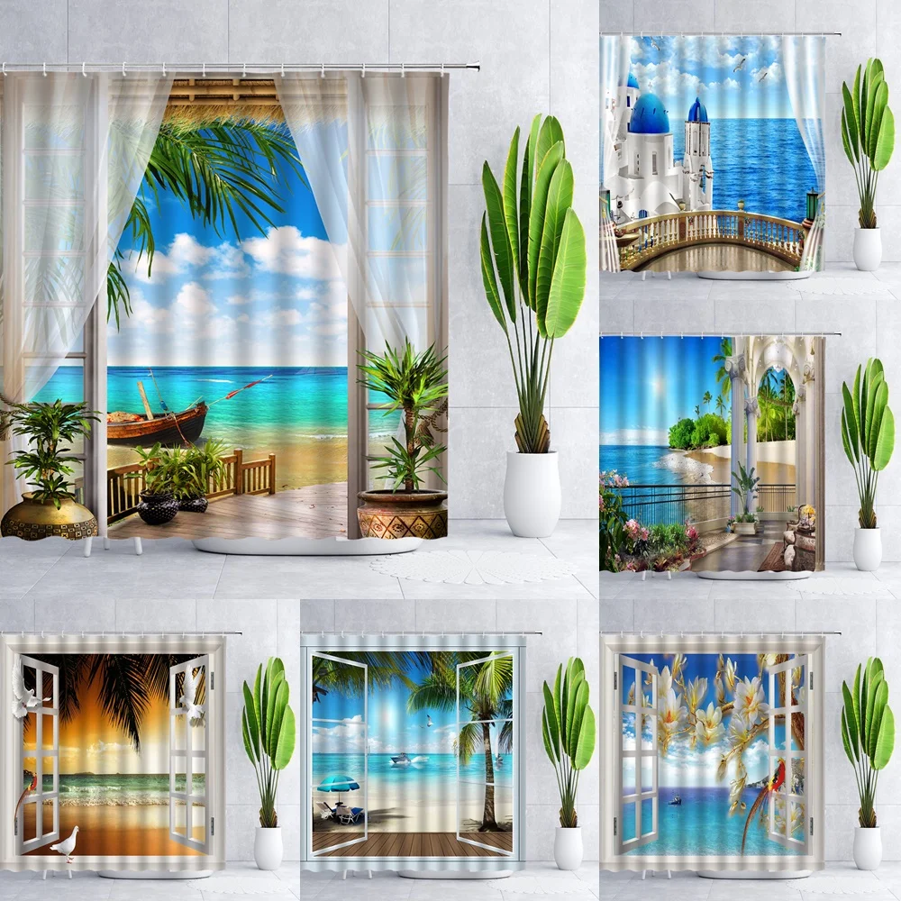 

Ocean Beach Shower Curtain Tropical Palm Trees Summer Island Sailboat Wooden Windows Hawaiian Coastal Scenery Bathroom Curtains