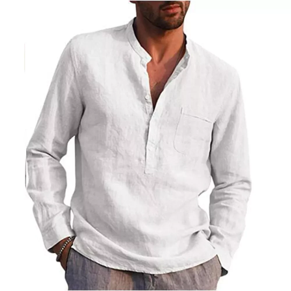 

Рубашка мужская с длинным рукавом, хлопок и лен, однотонная Повседневная пляжная блуза с воротником-стойкой, лето