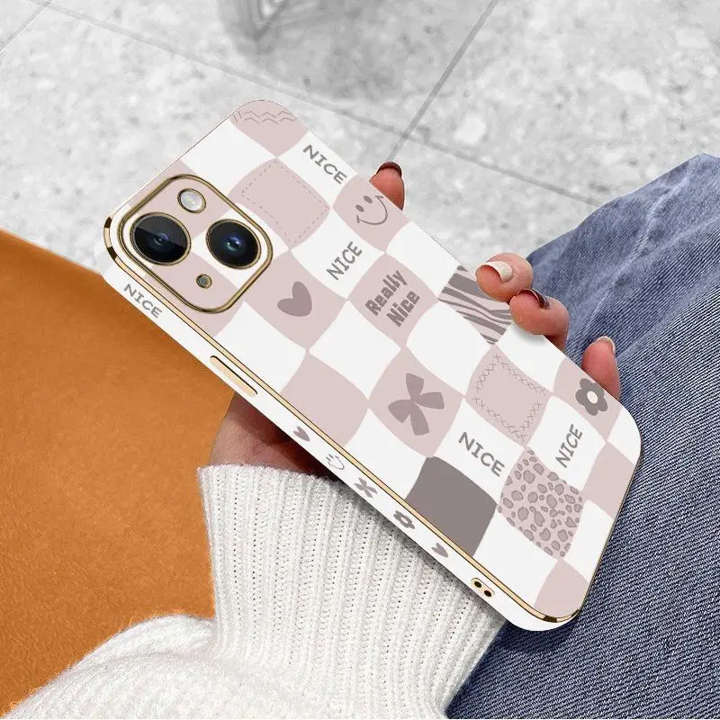 Checkered Smiley Face Luxury Plating Phone Case For iPhone 14 13 12 11 Plus Pro Max Mini X XR XS SE2020 8 7 6 6S Plus Cover