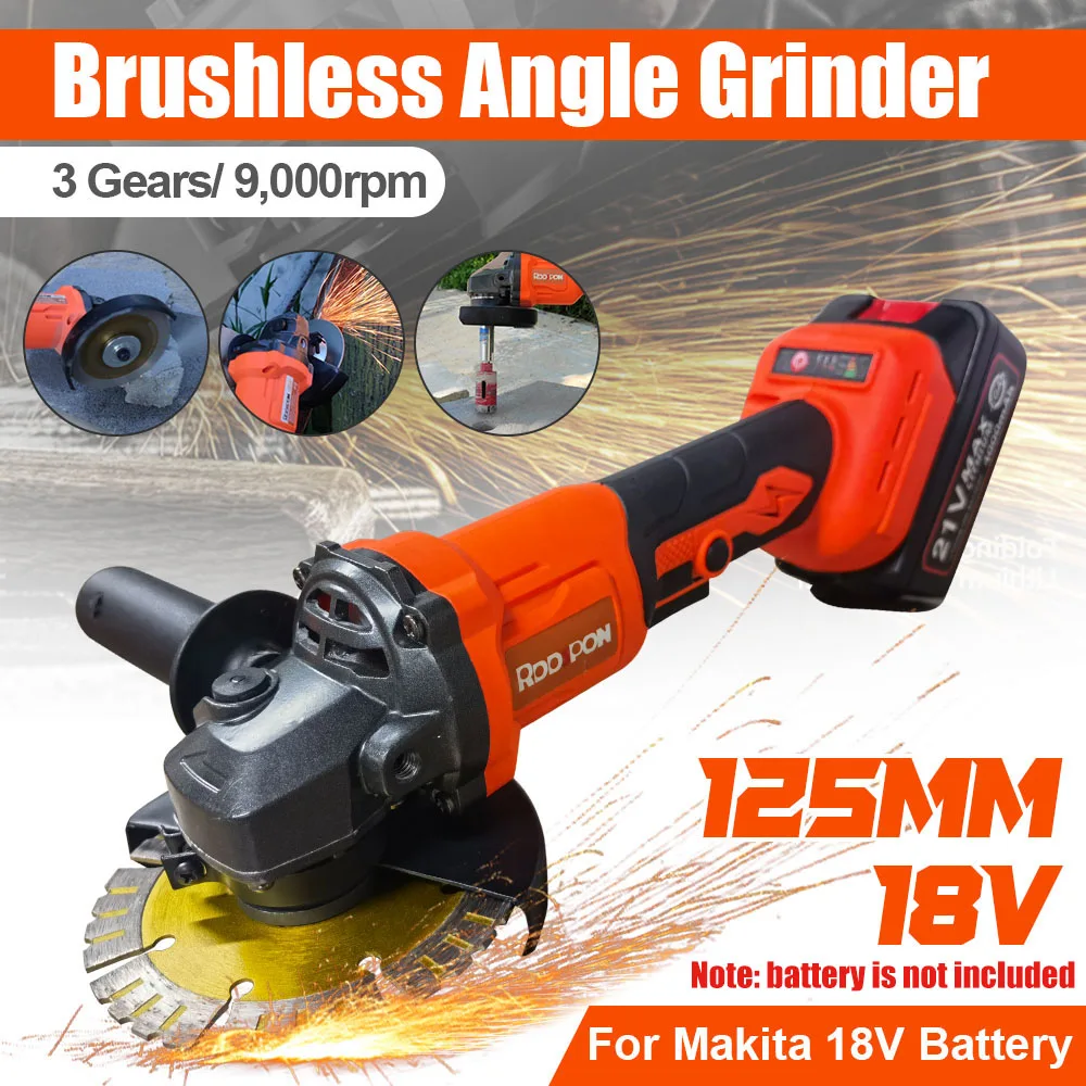 Cordless Angle Grinder Battery Powered Rechargeable Electric 3 Speed Diy Cutter 125MM 18V Wireless Grinding Machine No Battery