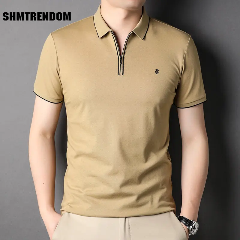 

Мужская летняя рубашка-поло SHMTRENDOM, роскошные однотонные деловые повседневные Модные мужские футболки-поло на молнии с коротким рукавом, 3XL