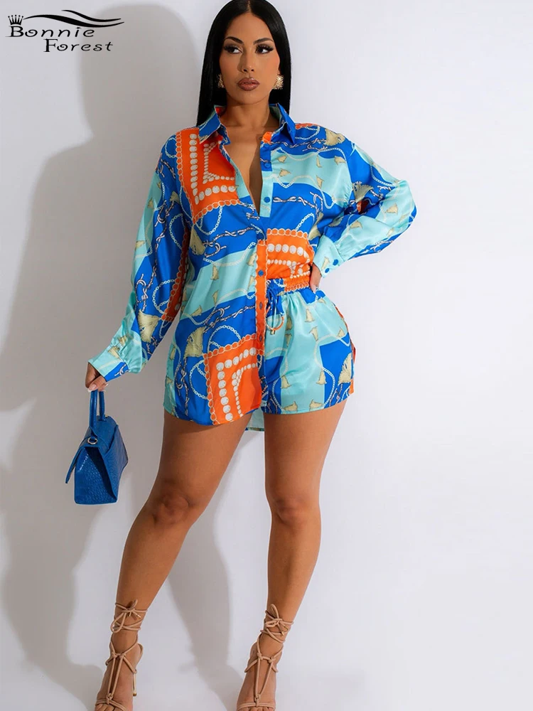 

Bonnie Forest New Fashion Long Sleeve Button Details Shirt Top And Matching Shorts Set Women Vintage Tracksuit Set Sexy Clubwear