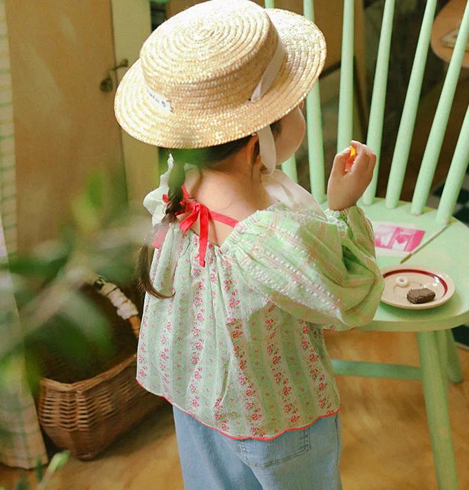 

Girls Shirts Korean Children Breathable Clothes 2022 Summer Girls Patchwork Floral Shirt Baby Square Neck Doll Shirt