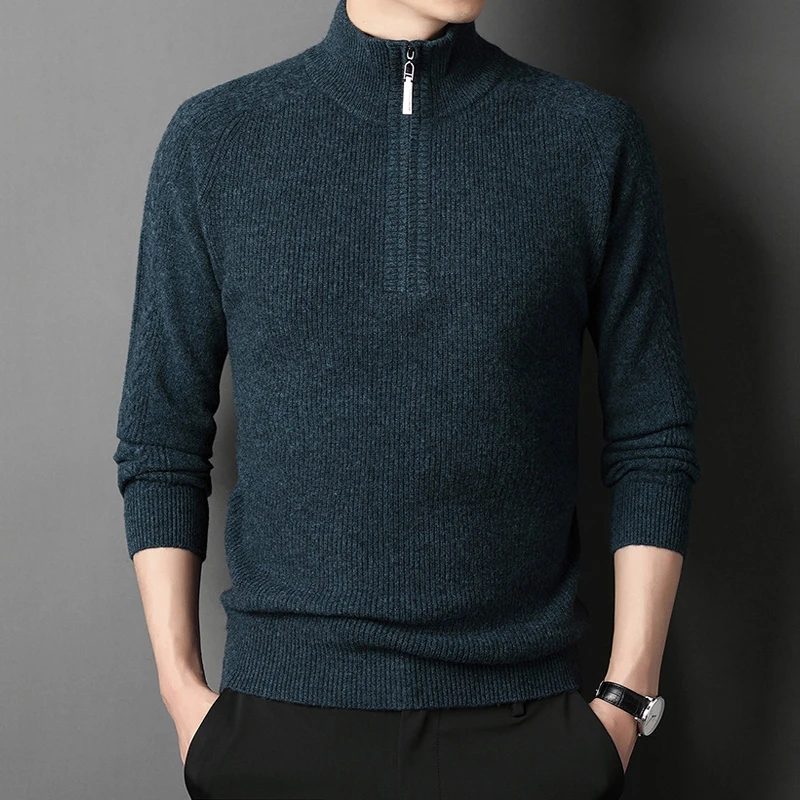 

Winter thickened men's 100% pure wool sweater zipper high neck business casual knitted bottomed sweater
