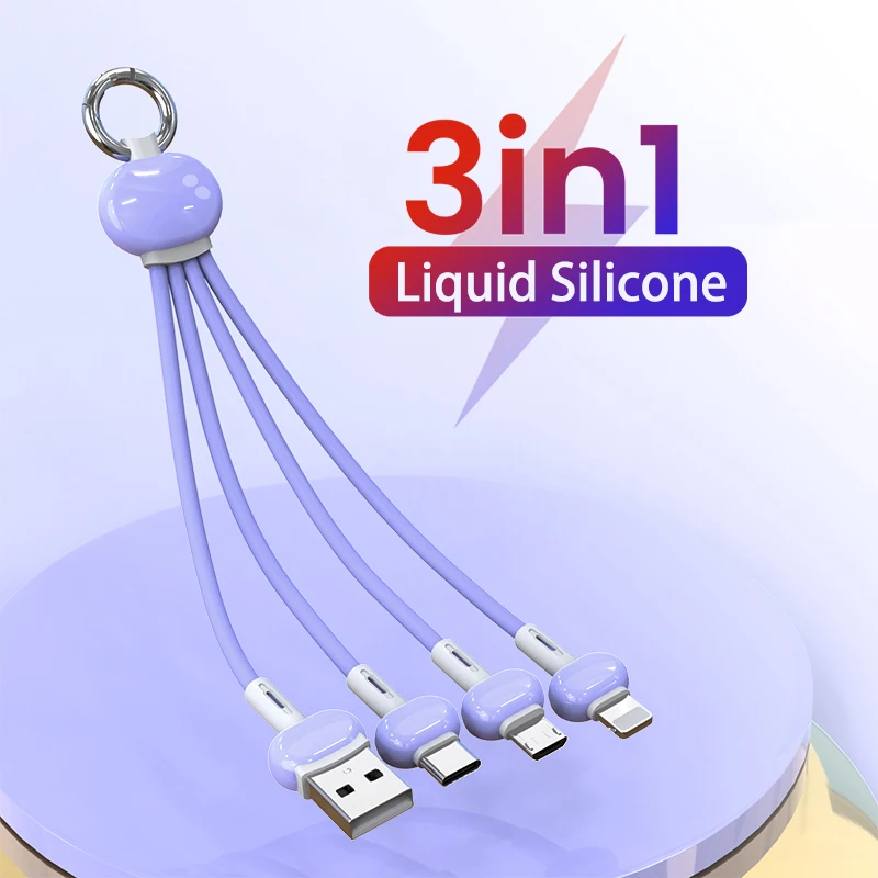 

Keychain 3 In 1 USB Cable Micro USB/Type C/8 Pin Fast Charging Kable Charge Cord For iPhone 13 12 11 XS X XR Xiaomi Redmi