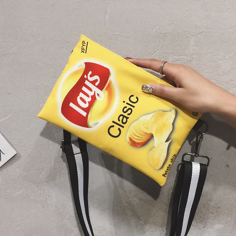

Funny Potato Chips Crossbody Handbag Women Canvas Shoulder Bag Mini Cartoon Printing Girl Envelope Bags Female Clutch Cute Purse
