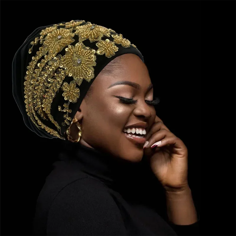 2024 роскошная плиссированная шапка-тюрбан с вышивкой и бисером для женщин