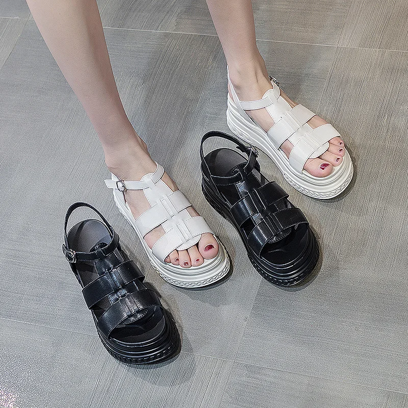 Breathable Material 7cm Platform Microfiber Women Sandals Roman Casual Increase Height Fashion Buckle Summer Wedges Chunky Shoes