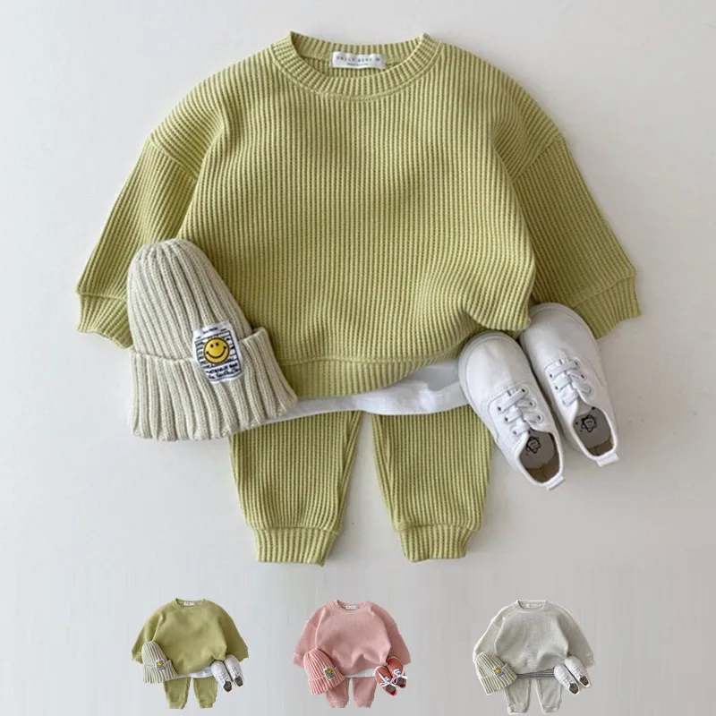 

New Korean Baby Cotton Kintting Clothing Sets Mock Two-piece Waffle Cotton Kids Boys Girls Clothes Sets Tracksuit Tops+Pants