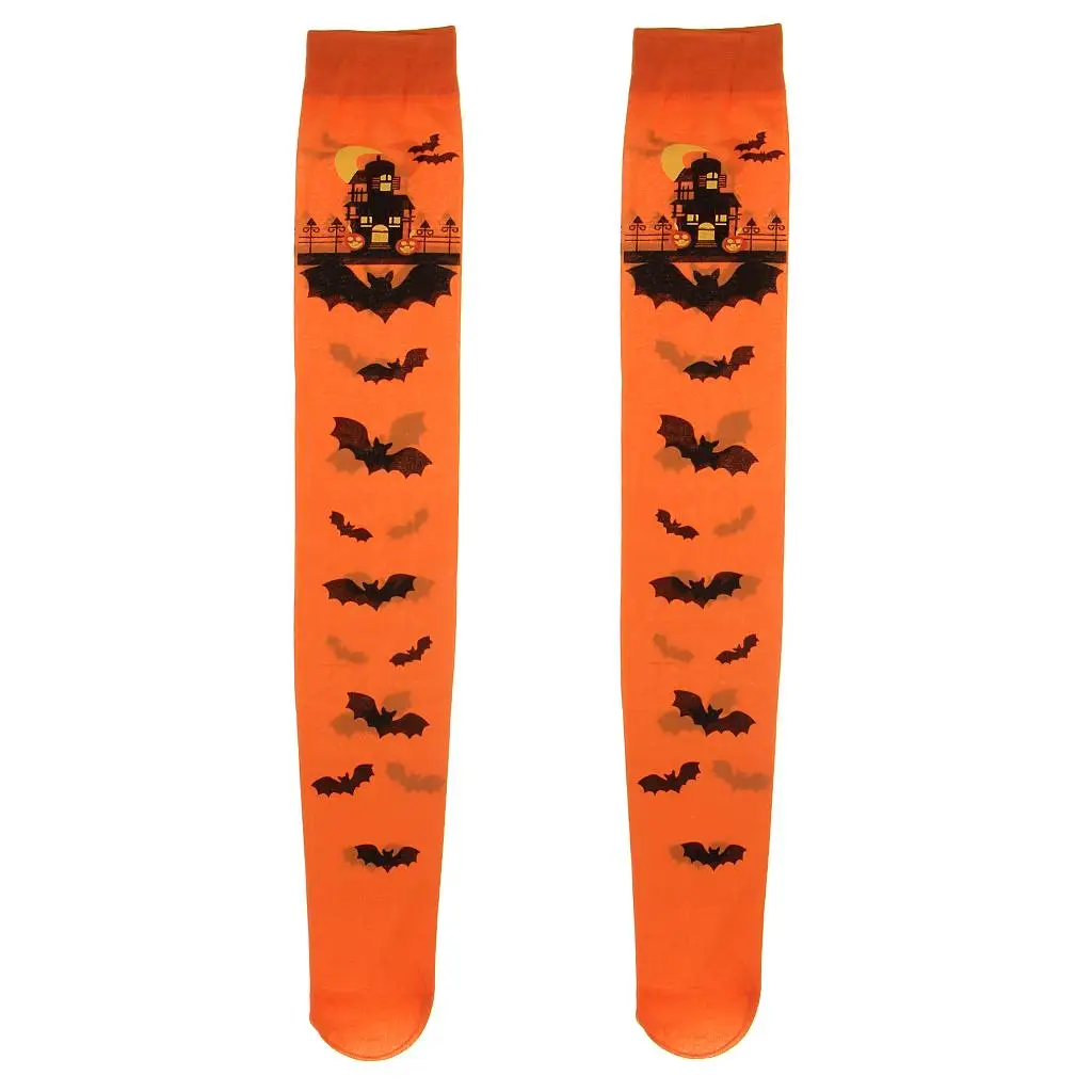 

Halloween Carnival Scary Castle Bat Thigh High Stockings Woman Girls Hold Up Stocking Over Knee Socks Fancy Dress Orange/White