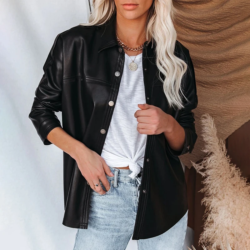 Ardm Casual Single Breasted Black Spring кожаная куртка женская Vintage Faux Leather Office Ladies New In Outerwears Chic Tops