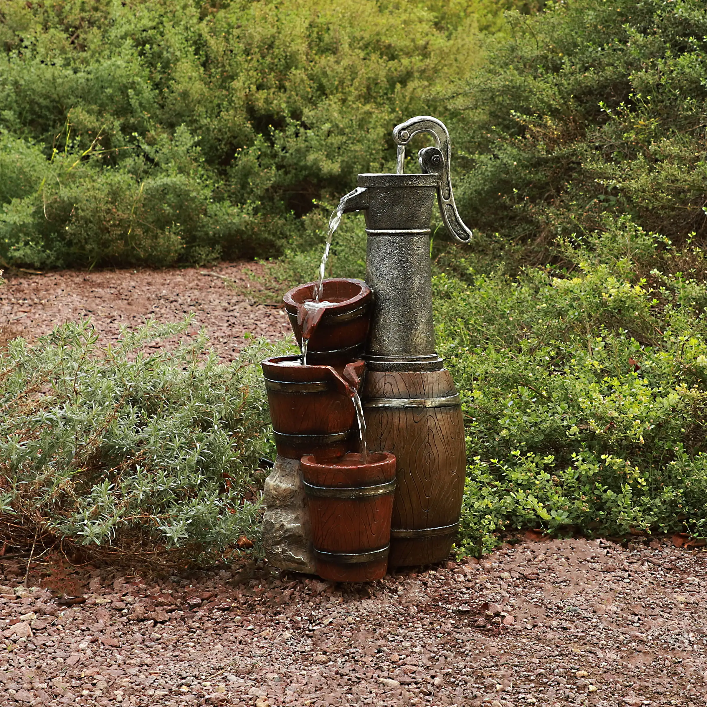 Alpine Corporation Vintage Barrel Water Pump with Buckets Fountain, 24 Inch Tall