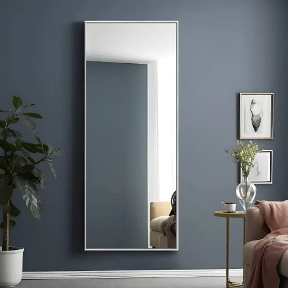 

Большое прямоугольное зеркальное напольное зеркало для спальни, туалетное зеркало, настенное зеркало, тонкая рамка из алюминиевого сплава, серебристое, 65x22 дюйма