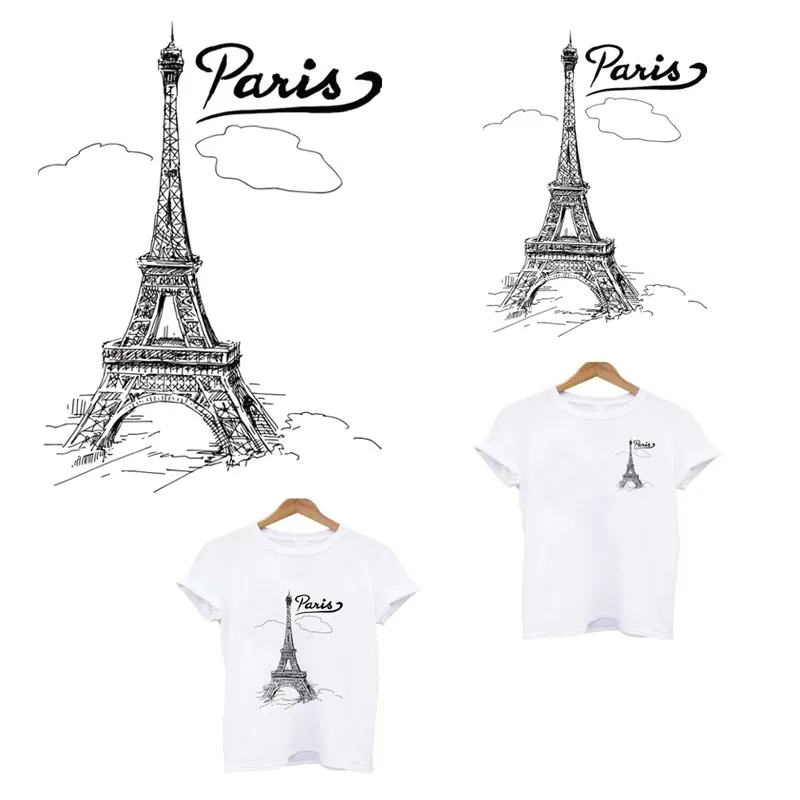 

Eiffel Tower Thermo Stickers T Shirt DIY Iron-on Transfers Fusible For Clothing Thermoadhesive Custom Patches Free Shipping