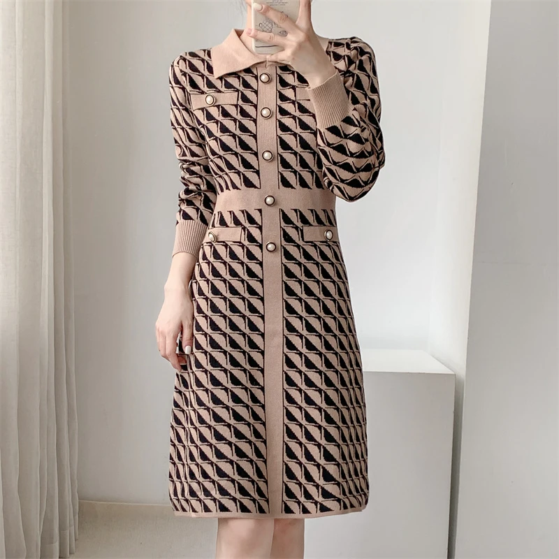 

Plaid Pearls Knitted Dress Women High Waist Turn Down Collar Mini Dress Vintage Autumn Winter Long Sleeve Sweater Dresses O270