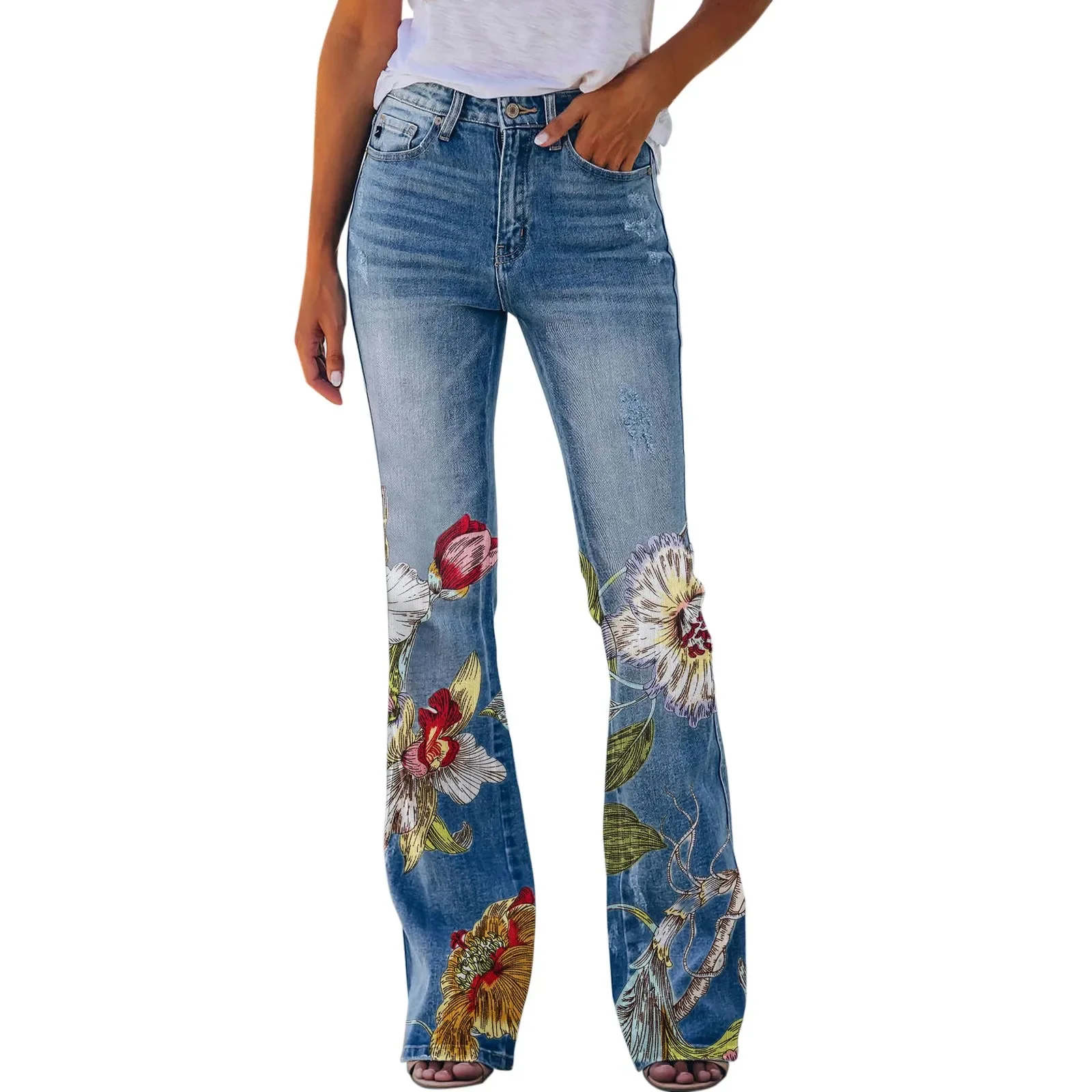

Women's New Floral Printed Loose Flare Jeans Jeans Stretch Harajuku Women's Straight Leg Jeans