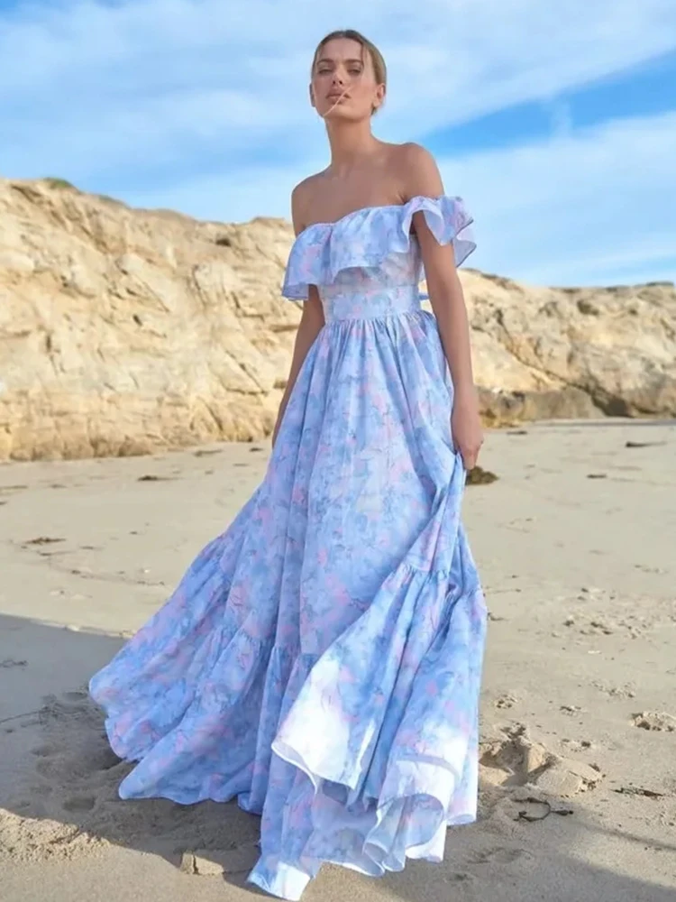 

Женское платье с открытыми плечами Foridol, Летнее Длинное Платье-трапеция с оборками и поясом-молнией, элегантное праздничное платье с принто...