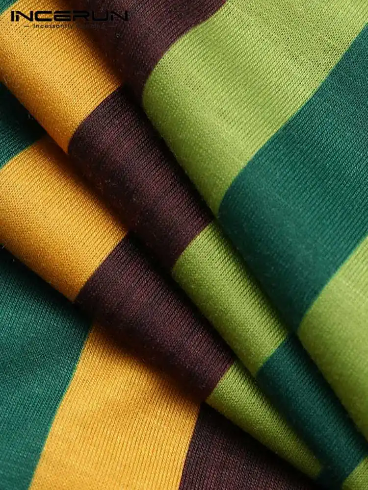 INCERUN Men Pajamas Jumpsuits Leisure Striped Onesies Homewear Long Sleeve V Neck Rompers Sleepwear Fitness Button Nightgown 5XL