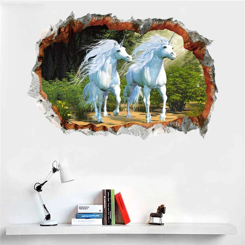 

3D Magical Unicorn Running White Horse Wall Stickers 3D Window Wall Stickers Wallpaper For Children Bedroom Decal Poster Mural