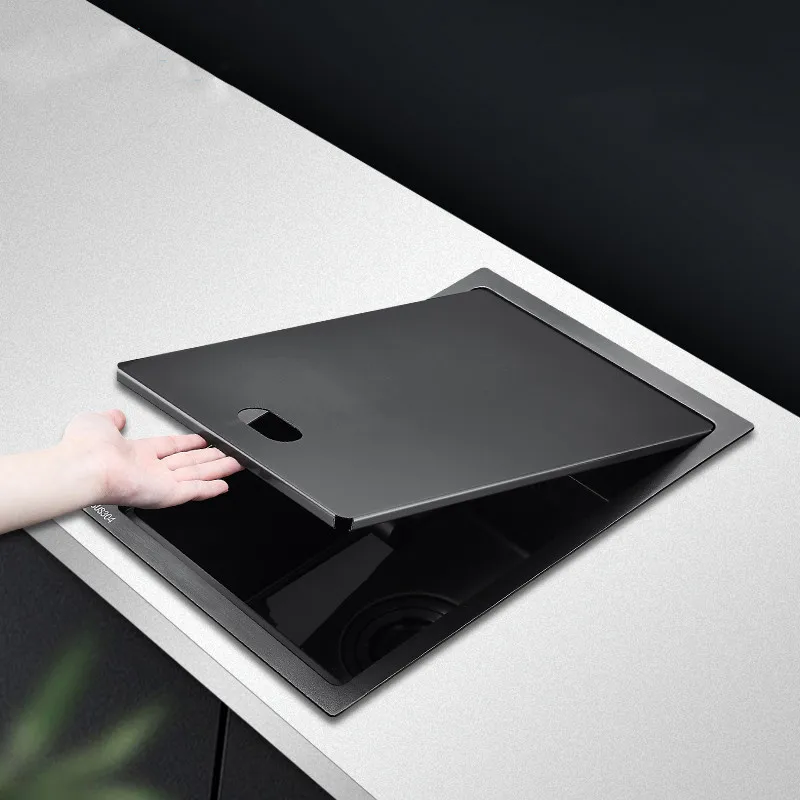 

Black Hidden Kitchen Sink Handmade Kitchen Sink with Lid Single Bowl 304 Stainless Steel Kitchen Sink with Folding Faucet 4mm