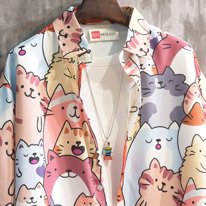 

Hip Hop Fun Kittens Comics Full Print POLO Shirt Button Up Long Sleeve Blouse Men Women Kawaii Clothes Y2K Aesthetic Streetwear