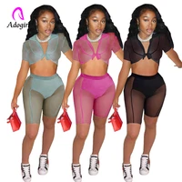 fitness women 2 piece set sexy mesh see through short sleeve crop top skinny biker shorts jogger set club party sporty tracksuit