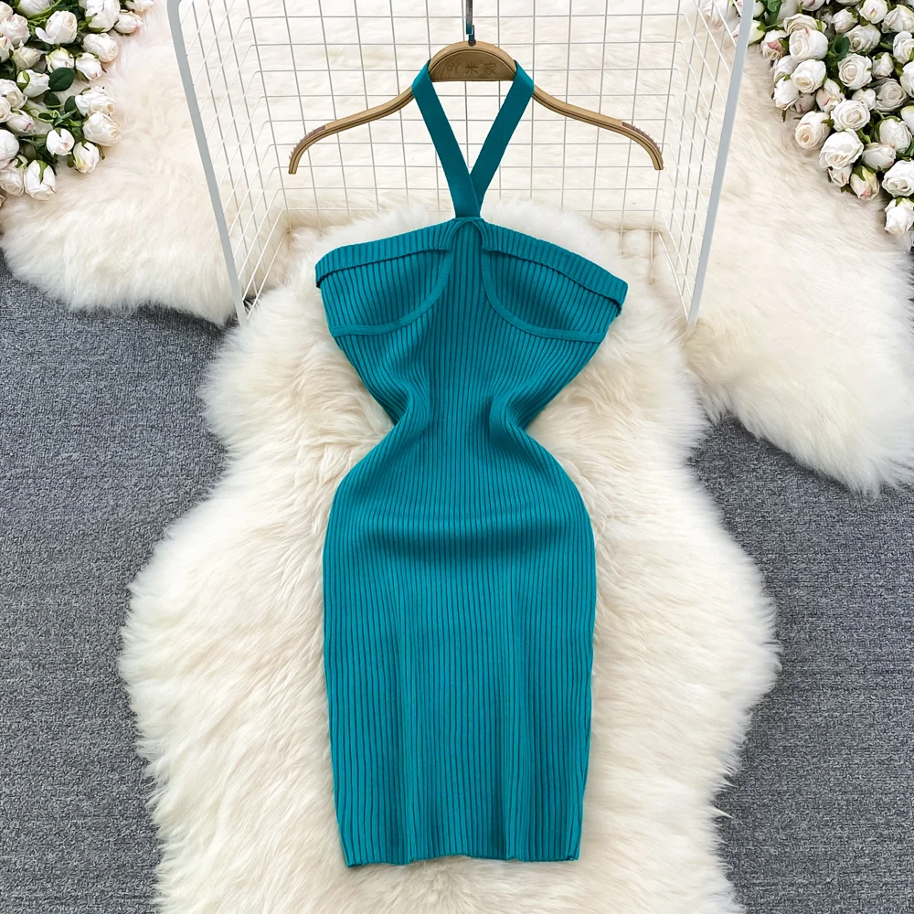 

Halter Crochet Bodycon Dress Sexy Off Shoulder Dresses Backless Vestido Women French Fashion Robe Solid Slim Corset Dress