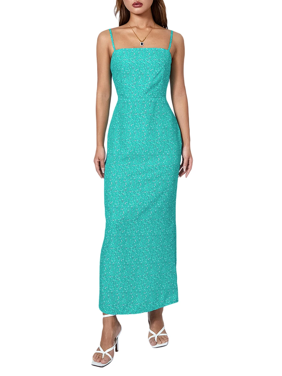 

Floral Print Maxi Dress Sleeveless A-Line Backless Y2K Sling Spaghetti Strap Summer Bodycon Dress