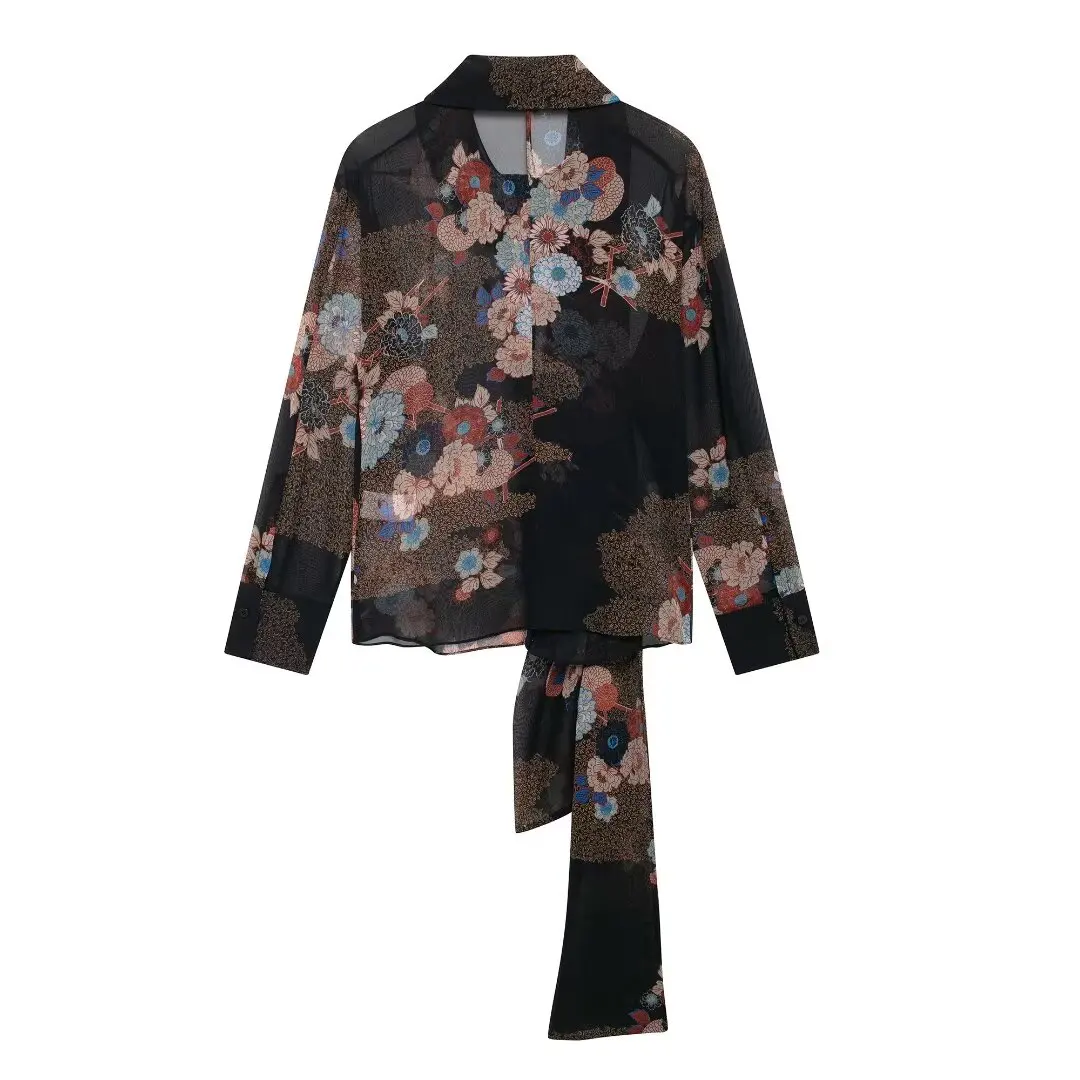 Женская шифоновая блузка с длинным рукавом цветочным принтом