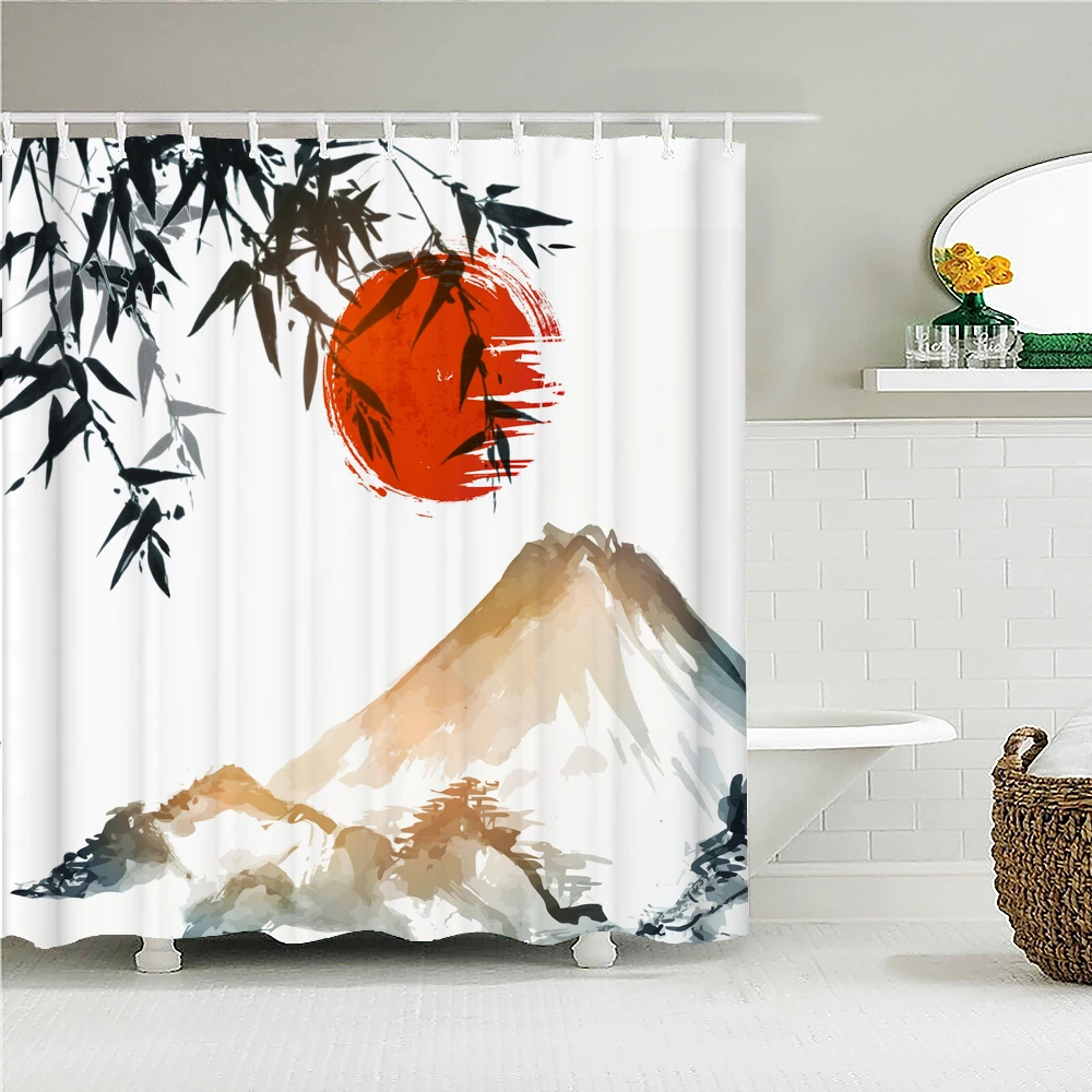 

Занавеска для душа в японском стиле с 3D изображением цветов и крепления на стену