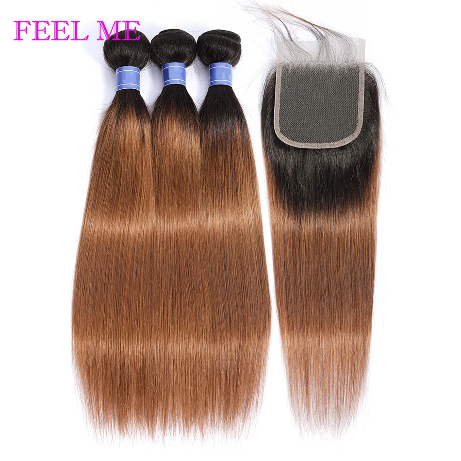 

FEELME Ombre Peruvian Straight Human Hair Bundles With Closure 1B/30 Ombre Brown Colored 3pcs Bundles With Closure Remy Hair