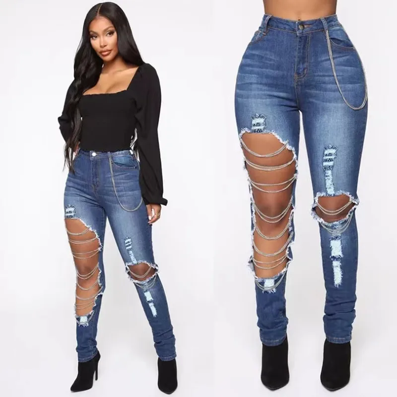 

y2k Fashion Women's Slim Jeans Solid Color Ripped Chain Hanging Stretch High Waist Denim Pencil Trousers Trousers