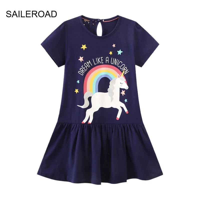 

SAILEROAD 2-7 Years 2023 New Princess Cotton Summer Children Short Sleeve Rainbow Unicorn Dresses Kids for Girls Skirt Clothes