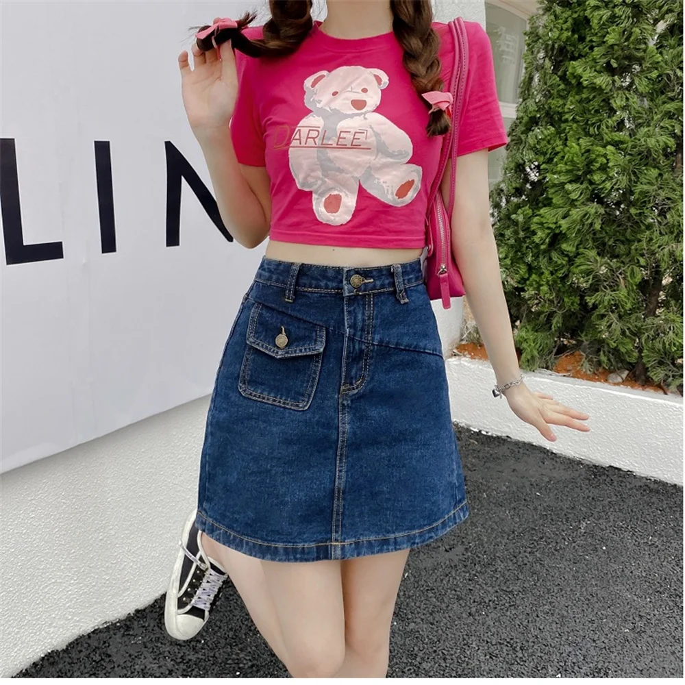 

Easy-Matching Women High Waist Denim Skirt Casual Solid Color Button Zipper Closure Skirt Front Pockets A-Line Skirt Navy Blue