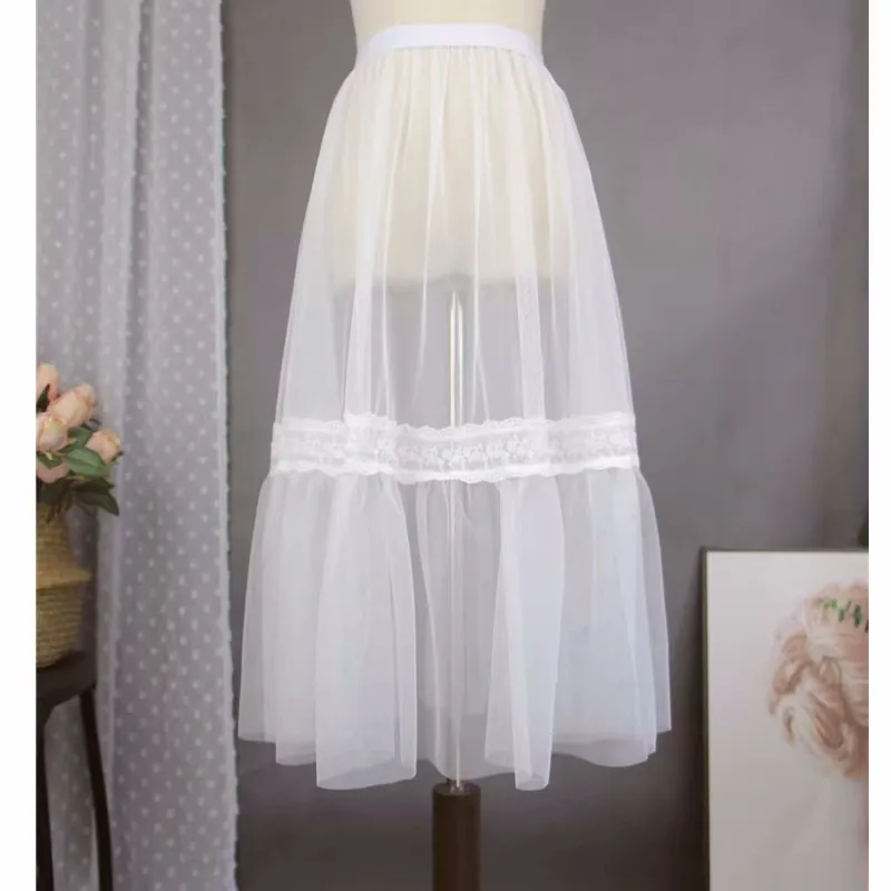 

Белая сетчатая Однослойная Прозрачная Юбка феи, длинная кружевная юбка с вышивкой, половинная комбинация, платье на бретелях, нижнее платье