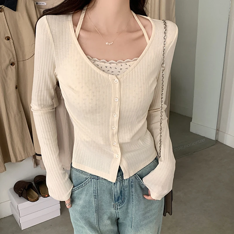 Новые корейские шикарные кружевные футболки из двух частей с цветочным принтом