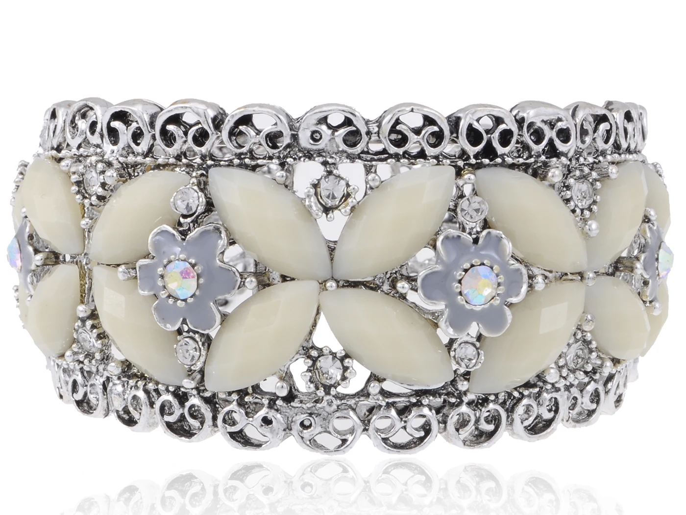 

Cream Bead Crystal Flower Bracelet Cuff - for Prom, Bridesmaids, and Weddings