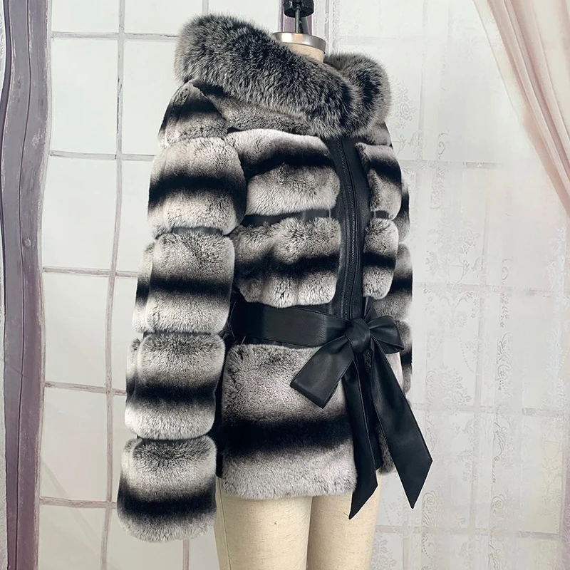 Genuine Rex Rabbit Fur Coat Women Casual Winter New Belt Hooded Outertwear 2022 New Sheepskin Real Rex Rabbit Jacket Female
