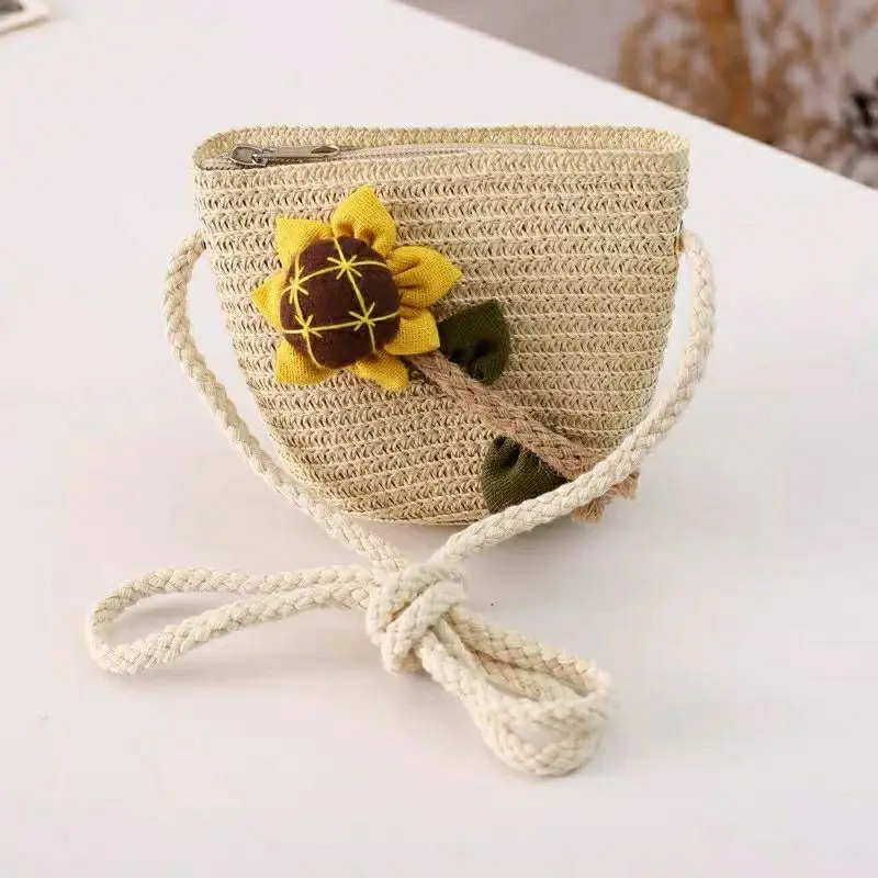 Handmade Straw Children Shoulder Bags Sunflower Embroidered Boys Kids Crossbody Bag Baby Girls Small Square Coin Purse Handbags