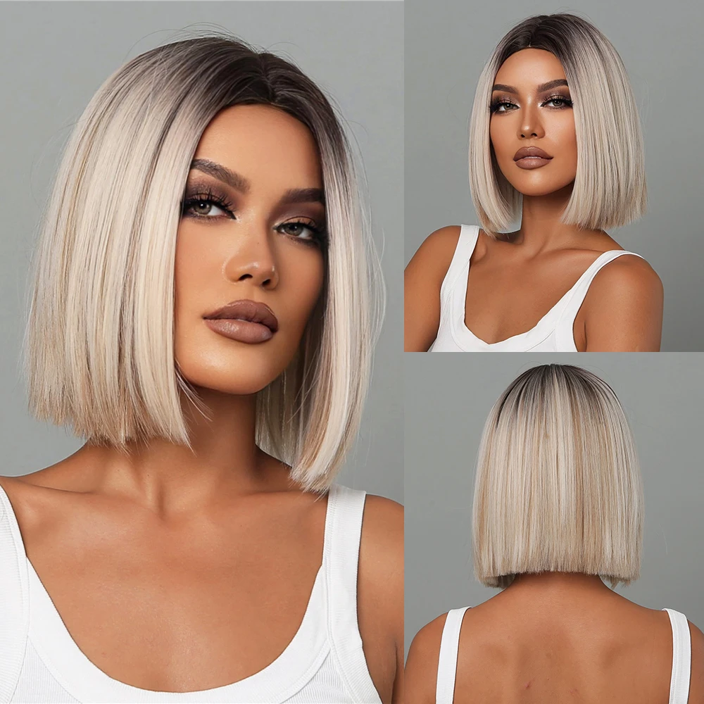 

Lace Front Platinum Blonde Synthetic Wigs with Dark Roots Short Straight Bob Wigs for Black Women Natural Heat Resistant Hair
