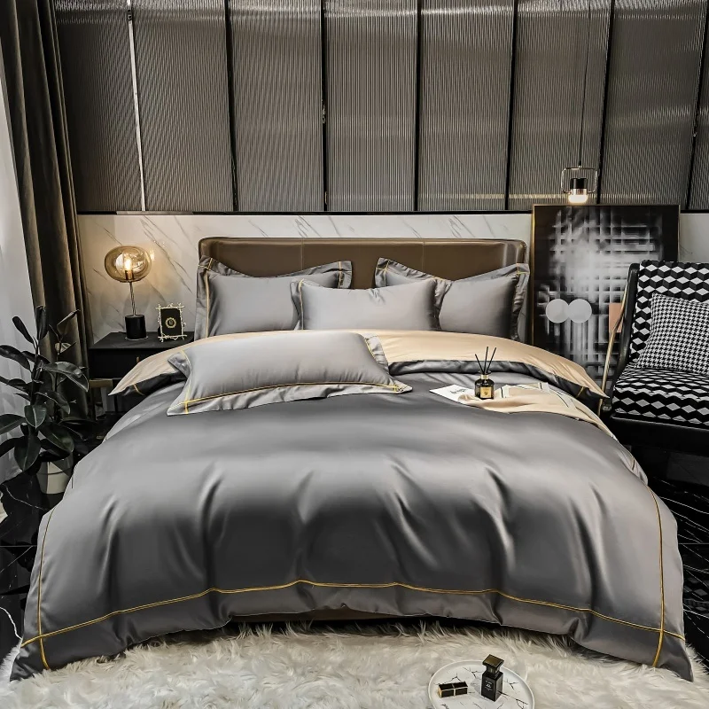 

Luxury 60S Embroidered Egyptian cotton Silky bedding set satin quilt cover soft duvet cover flat/fitted bed sheet pillowcases