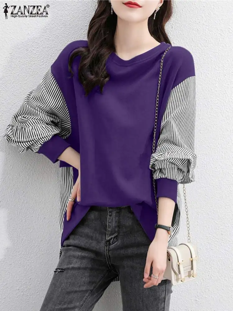

ZANZEA Spring Patchwork Blouse Women Casual Long Sleeve O Neck Striped Printed Shirt Oversized Holiday Tunic Top Loose Pullover
