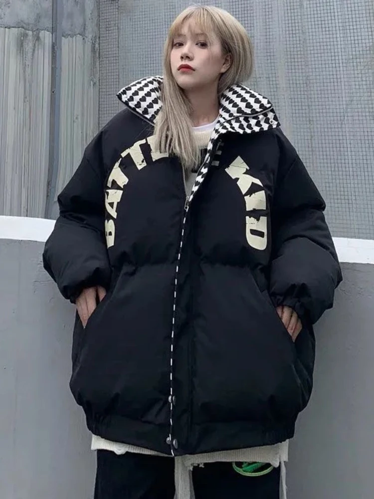 

Женская утепленная куртка на молнии, Повседневная Свободная зимняя куртка с длинным рукавом и воротником-стойкой, с надписью, в стиле Харад...