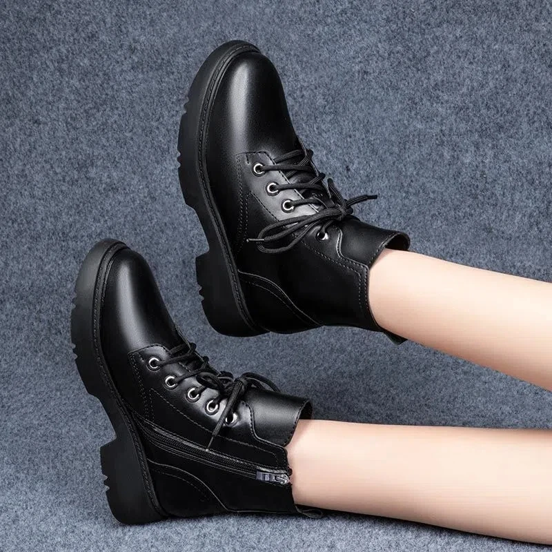 2022 New Arrival Women Black Booties Mid-heel Fashion Ladies Soft Leather Ankle Boots Autumn Winter Female British Boots Girls