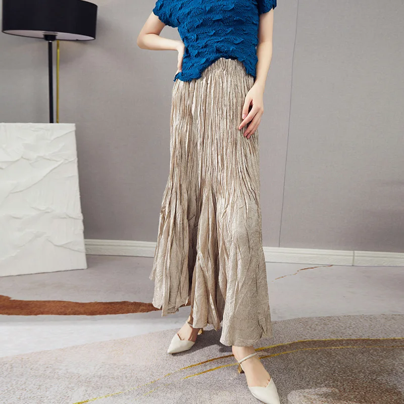 Miyake Pleated Skirts For Women 45-75kg 2022 Summer New Solid Color High Waist Big Swing Loose Long Skirt Ankle Length
