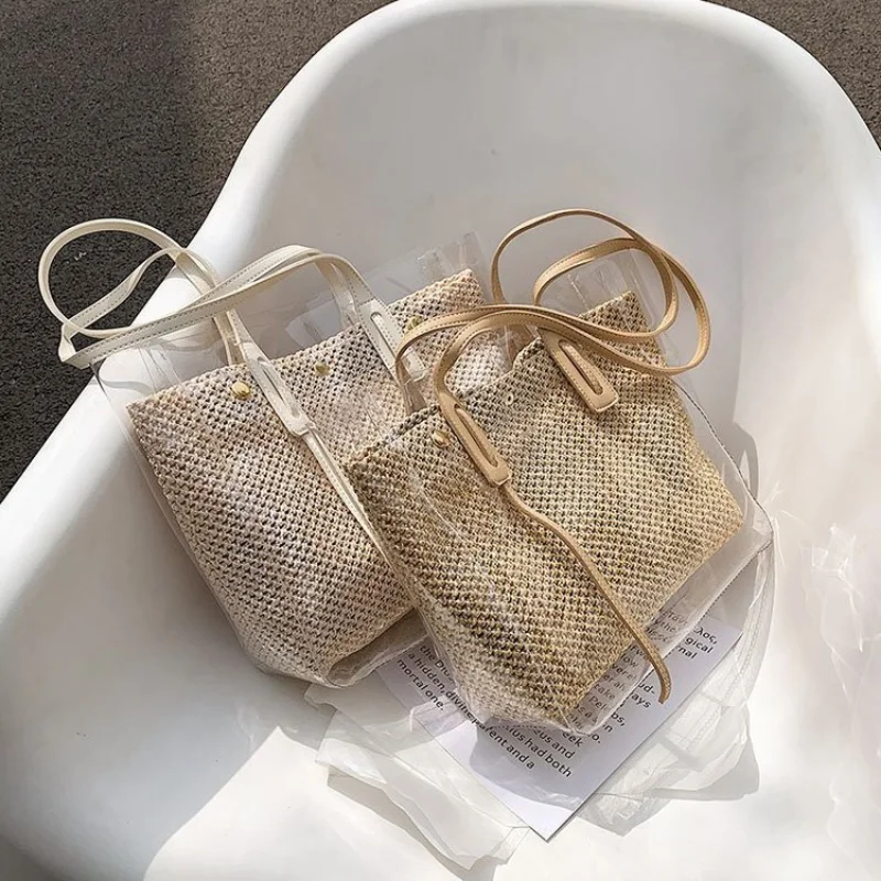 

Прозрачная плетеная большая сумка, популярная летняя модная универсальная сумка-тоут, сумка на одно плечо