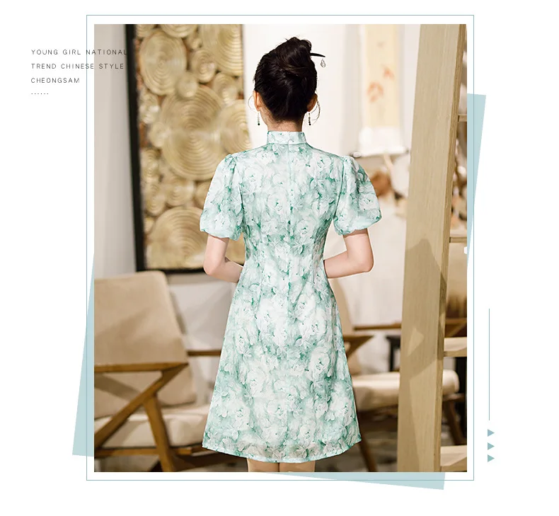 Традиционное женское шифоновое платье-Ципао трапециевидного силуэта с пышными