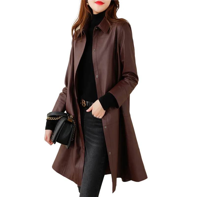 Genuine Leather Trench Women's Spring Autumn Fashion Sheepskin Mid-Length Coat OL Sheepskin Jacket Lapel Collar Overcoat