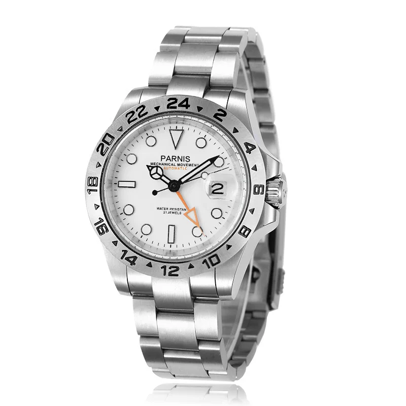 

Casual Parnis 40mm White Dial Mechanical Automatic Men Watch Orange GMT Sapphire Glass Luxury Watches Waterproof erkek kol saati