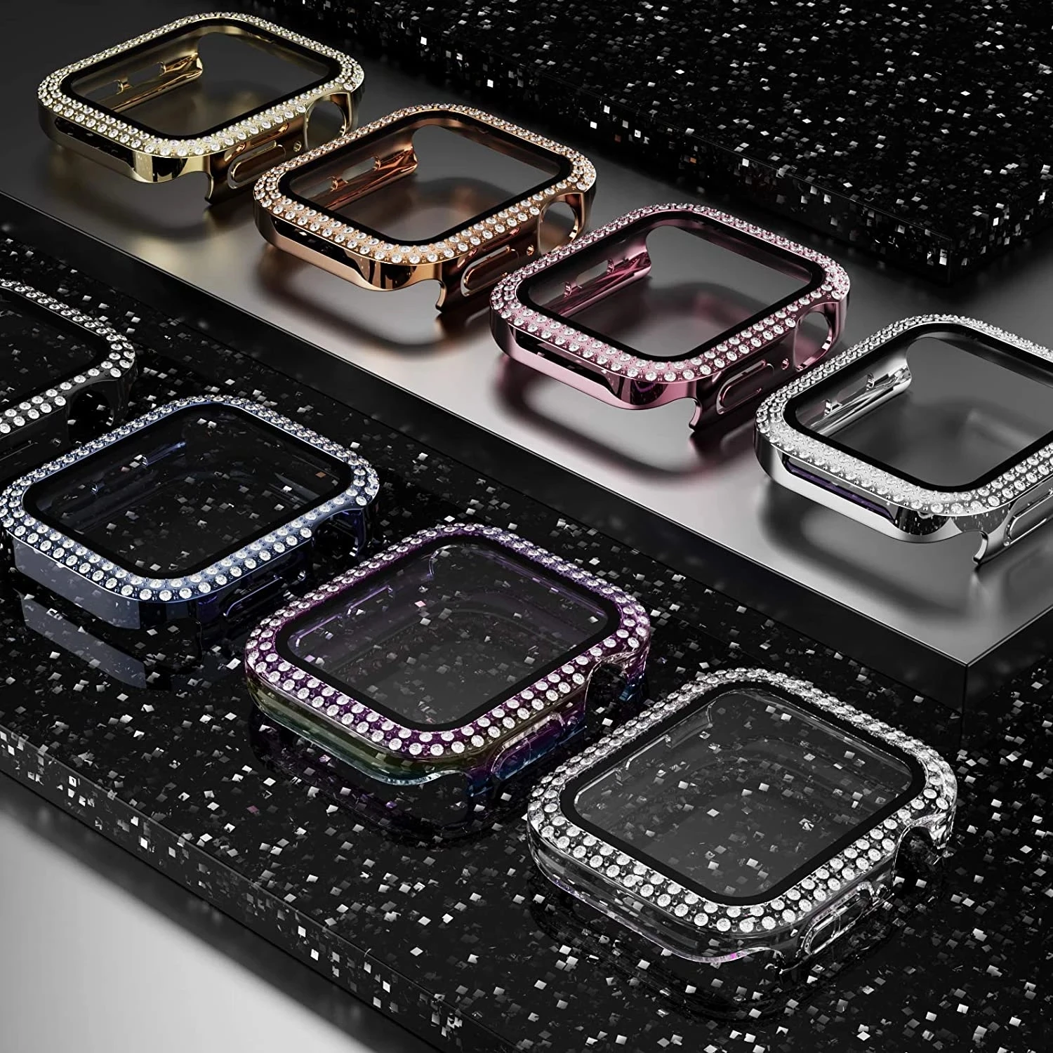 Чехол со стразами и стекло для Apple Watch SE Series 7 6 4 3 5 2 блестящий чехол Iwatch 41 45 мм 38 42 40 44